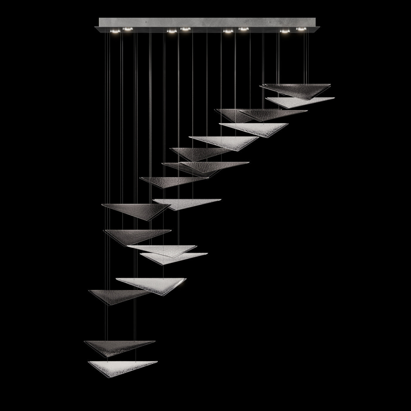 Cascading Glass Flight 60.5-Inch Linear Pendant / Soft Gold / Clear Hammered