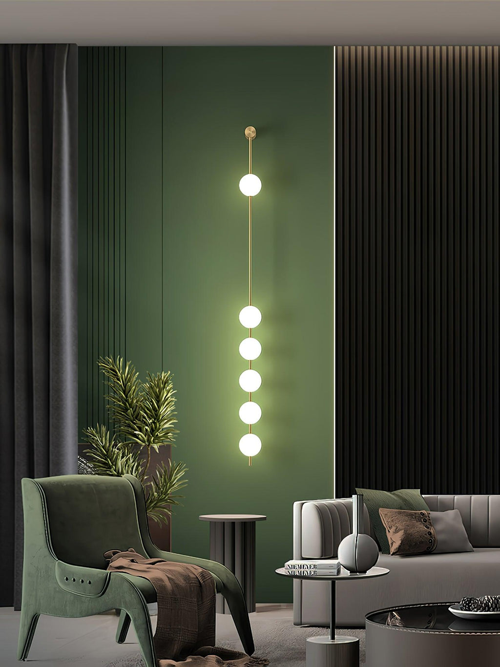 Cascading Globe LED Wall Light / 5 Lamps: ∅ 4.7″ x H 62.2″ / Dia 12cm x H 158cm / Brass & Plastic ball / Warm White