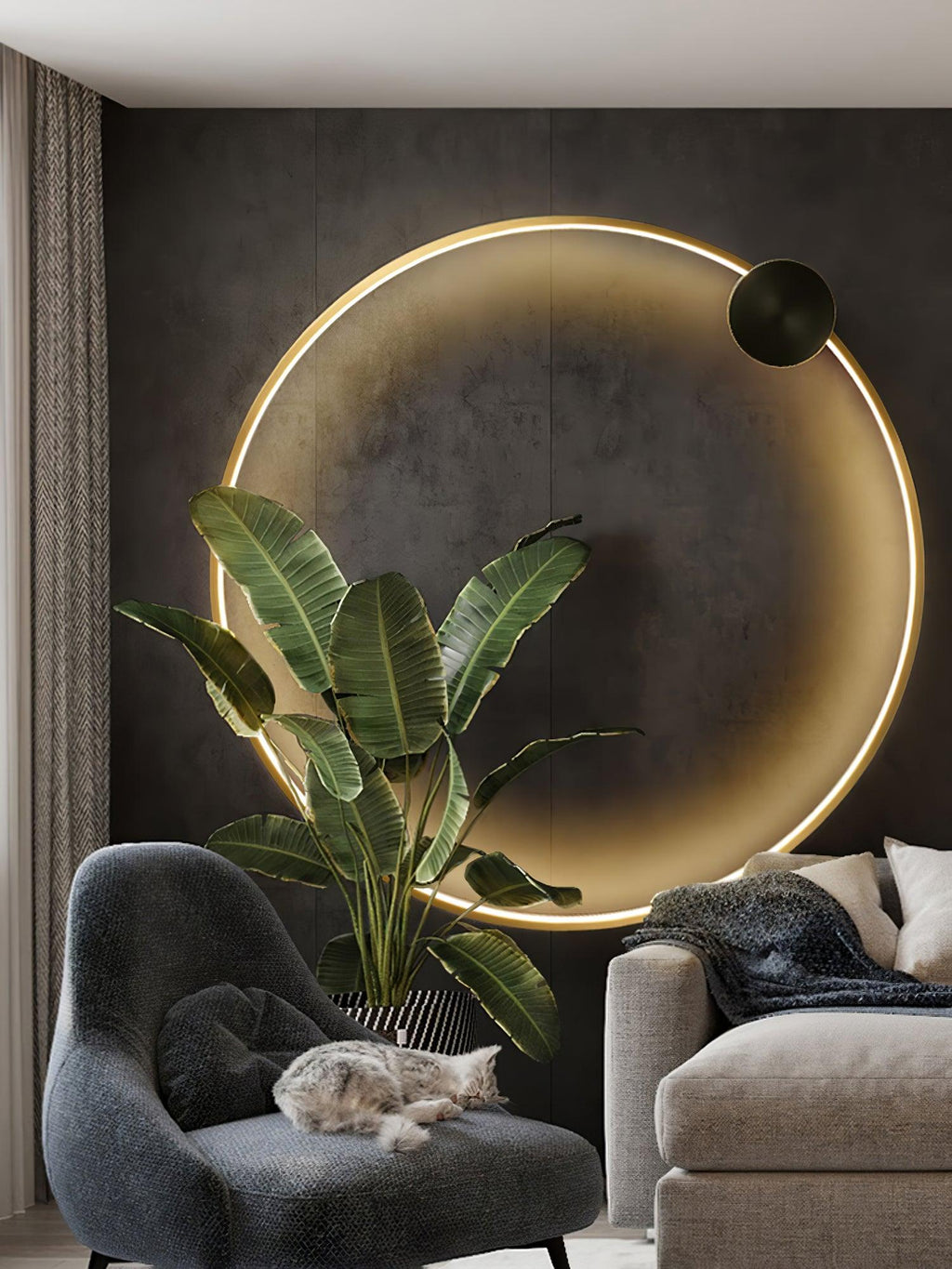 Circular Brass Integrated LED Wall Light / Dia 30cm Set of 2 / Black & Brass / Three-Color Changing Light