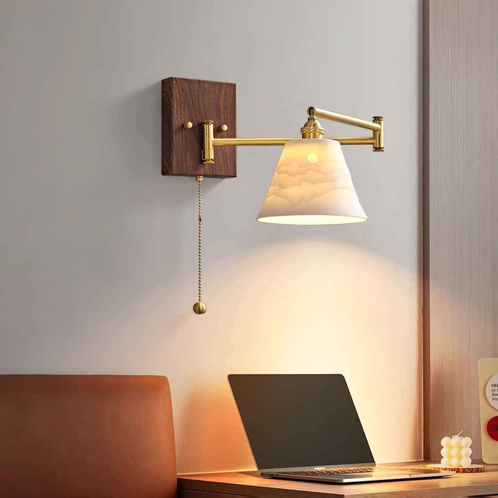 Geometric Ceramic Pull-Chain Wall Light / Model A ∅ 5.1″ x H 7.1″ / Dia 13cm x H 18cm / Walnut & Gold / 2 Pieces