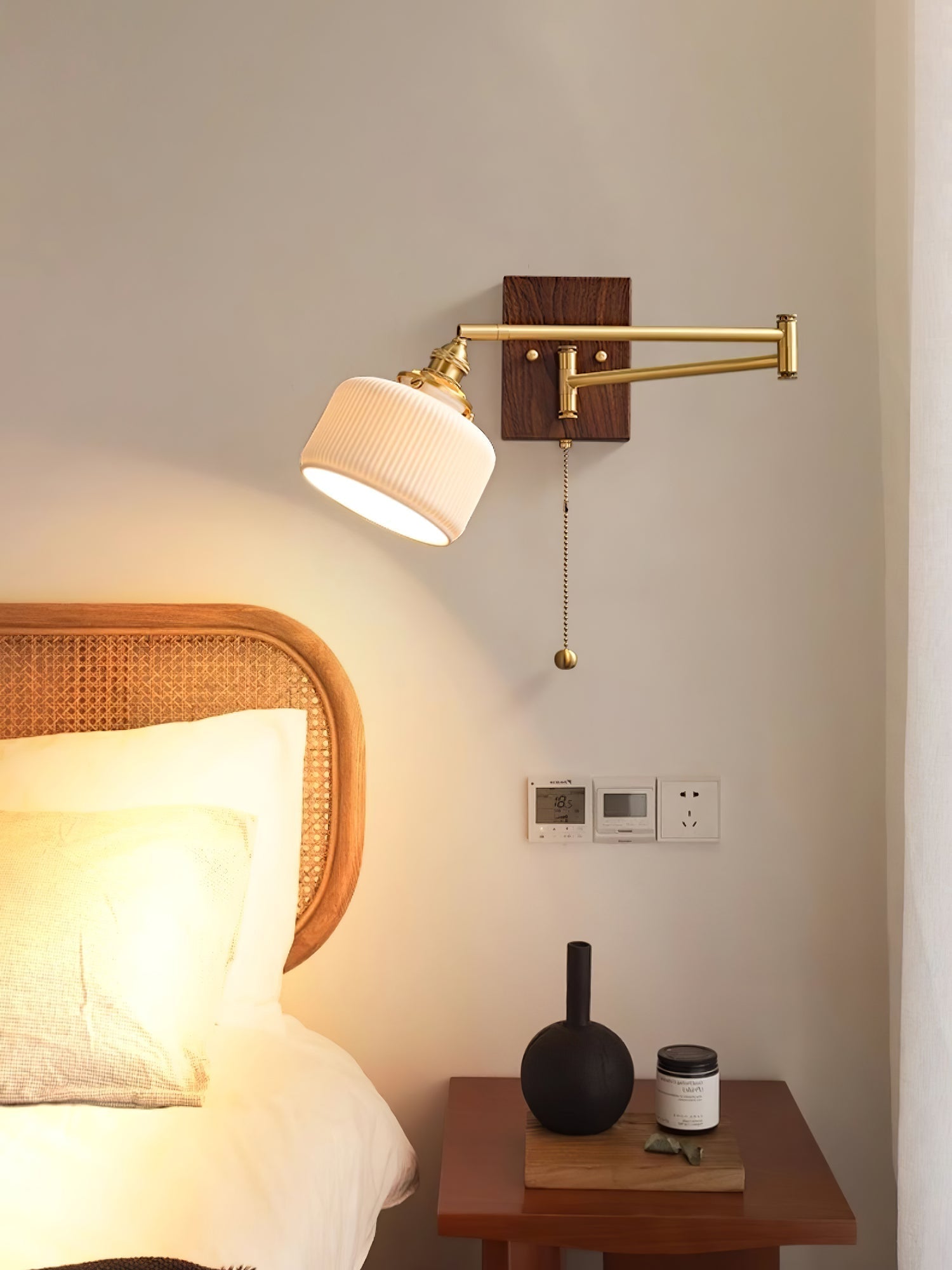 Geometric Ceramic Pull-Chain Wall Light / Model B ∅ 5.1″ x H 9.4″ / Dia 13cm x H 24cm / Walnut & Gold / 1 Piece