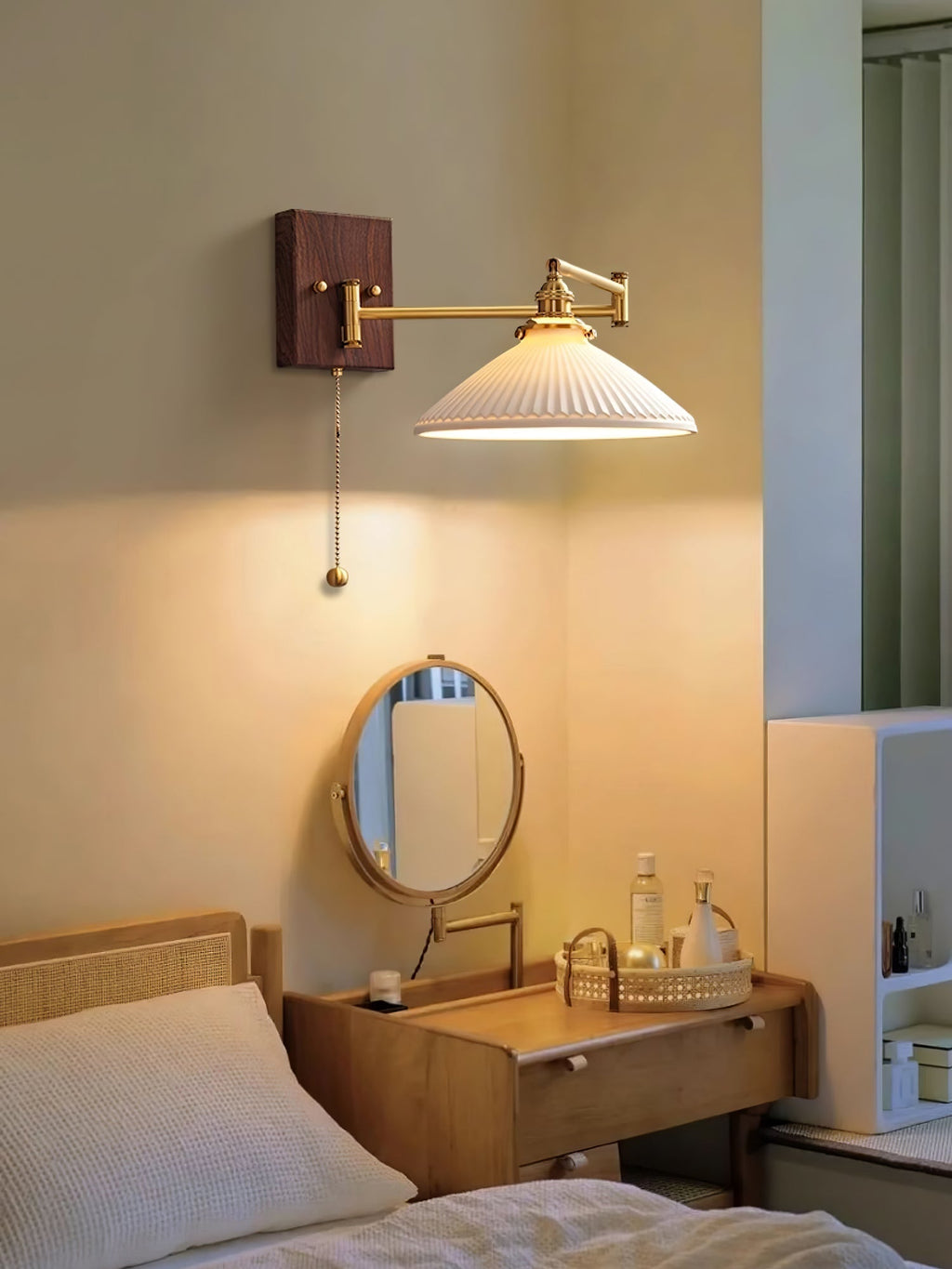 Geometric Ceramic Pull-Chain Wall Light / Model C ∅ 6.3″ x H 7.9″ / Dia 16cm x H 20cm / Walnut & Gold / 1 Piece