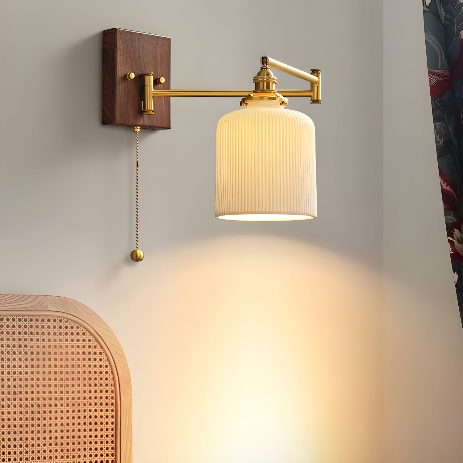 Geometric Ceramic Pull-Chain Wall Light / Model D ∅ 5.9″ x H 7.1″ / Dia 15cm x H 18cm / Walnut & Gold / 1 Piece