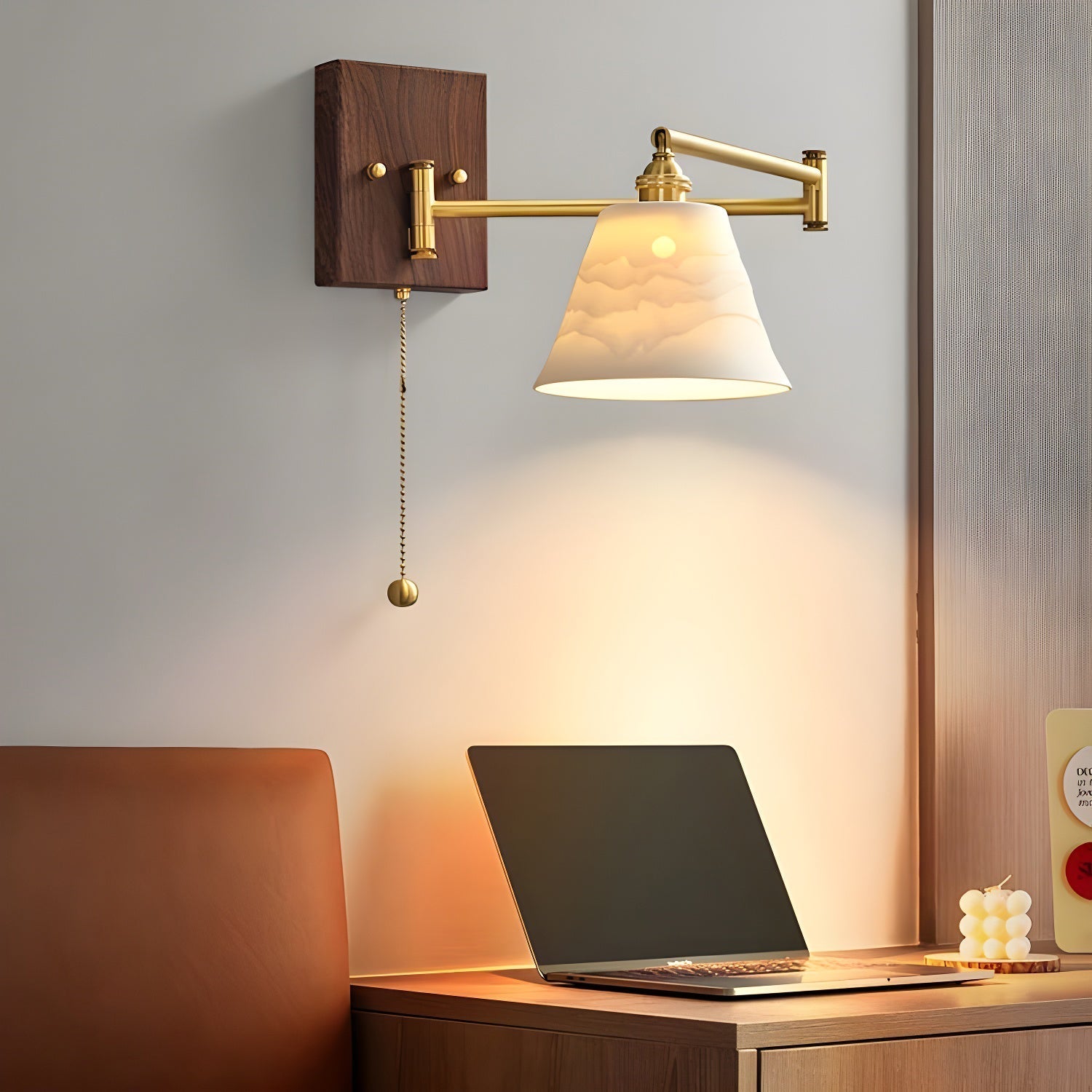 Geometric Ceramic Pull-Chain Wall Light / Model D ∅ 5.9″ x H 7.1″ / Dia 15cm x H 18cm / Walnut & Gold / 2 Pieces