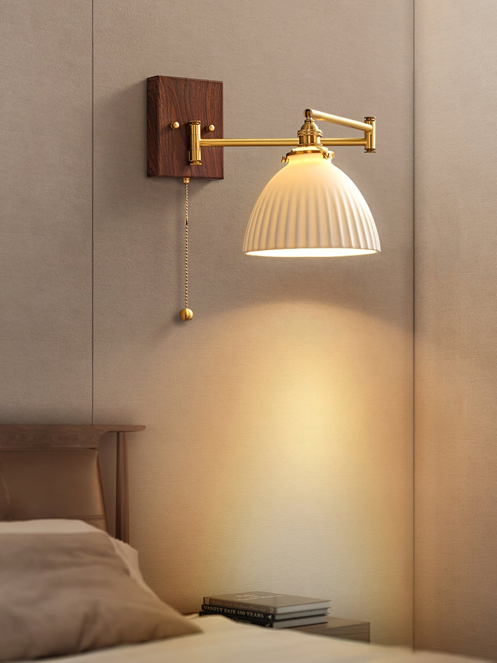 Geometric Ceramic Pull-Chain Wall Light / Model E ∅ 9.1″ x H 6.7″ / Dia 23cm x H 17cm / Walnut & Gold / 1 Piece