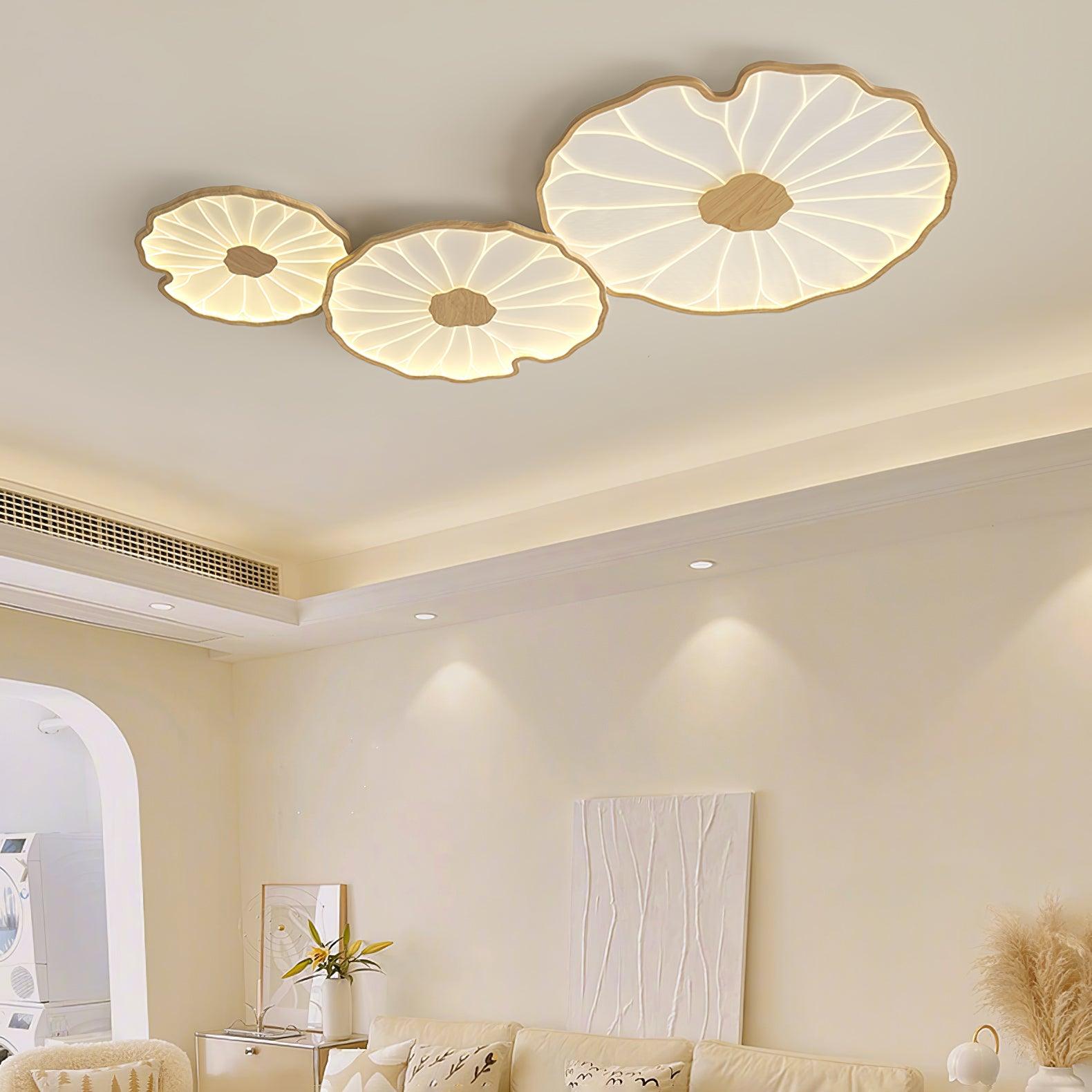 Lotus Leaf Wood-Effect LED Flush Ceiling Light / ∅ 11.8″ x H 1.6″ / Dia 30cm x H 4cm / Hydrographic Nature Wood Grain Finish / Cool Light