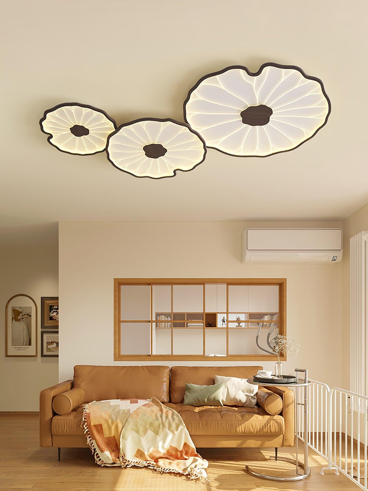 Lotus Leaf Wood-Effect LED Flush Ceiling Light / ∅ 28.3″ x H 1.6″ / Dia 72cm x H 4cm / Hydrographic Nature Wood Grain Finish / Warm Light