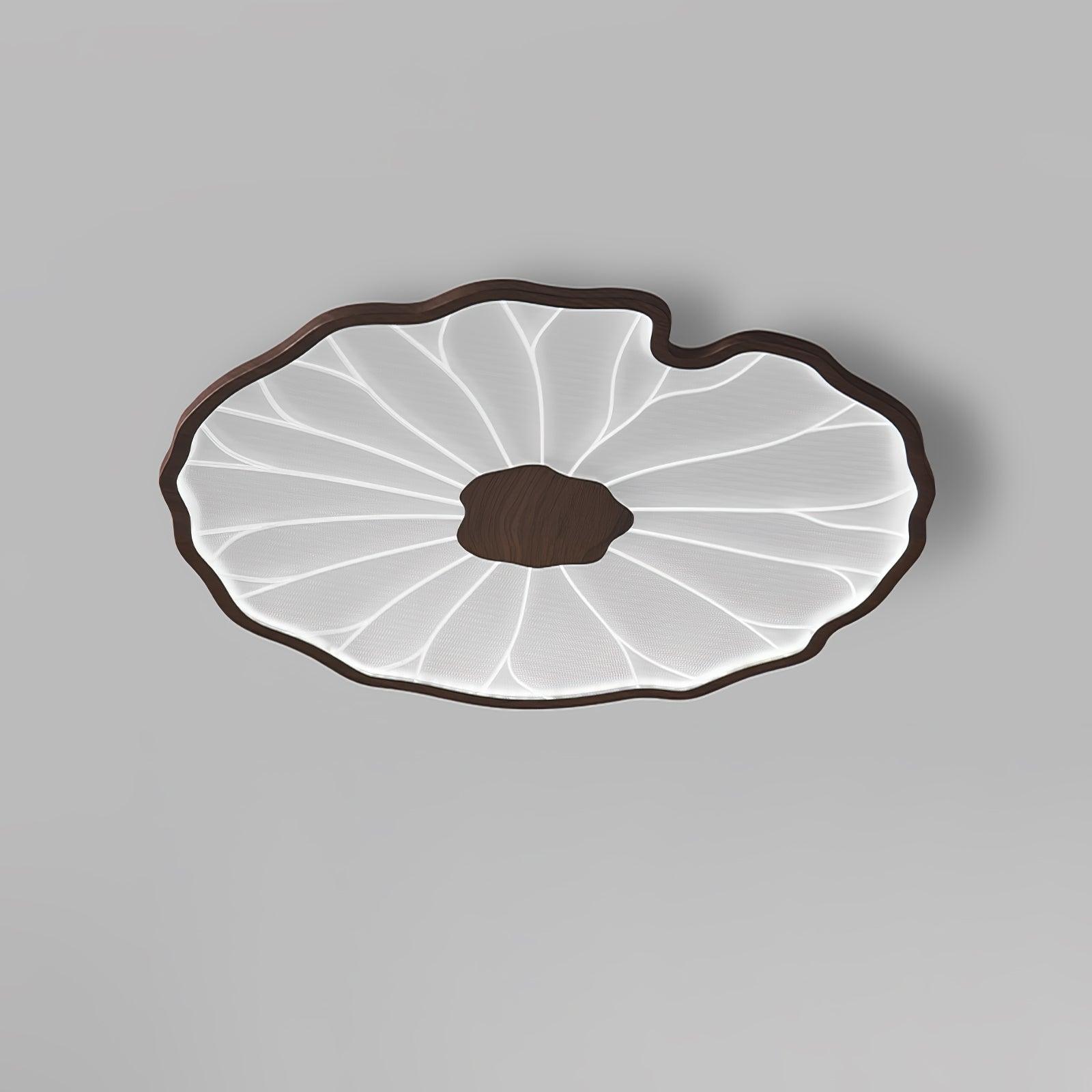 Lotus Leaf Wood-Effect LED Flush Ceiling Light / ∅ 28.3″ x H 1.6″ / Dia 72cm x H 4cm / Hydrographic Walnut Wood Grain Finish / Cool Light