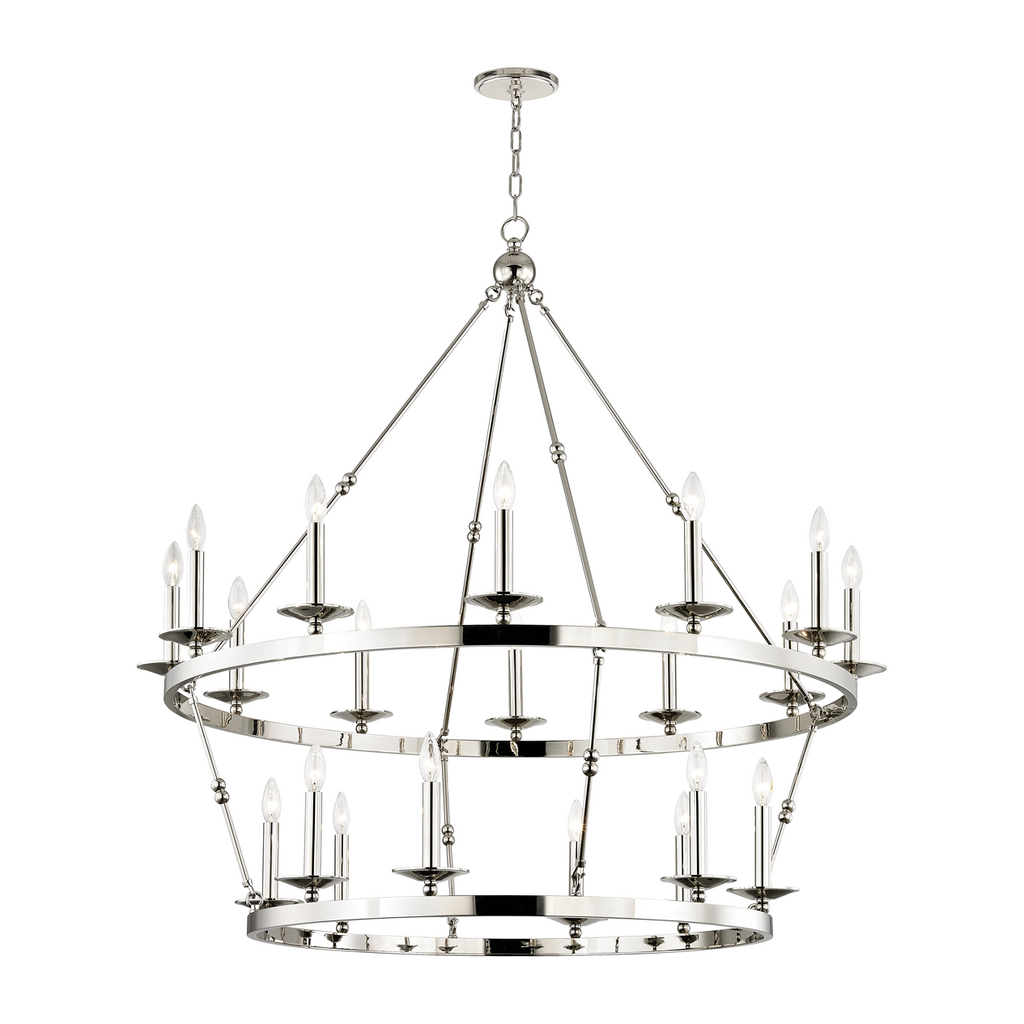 Modern Wagon Wheel 20-Light Chandelier / Polished Nickel