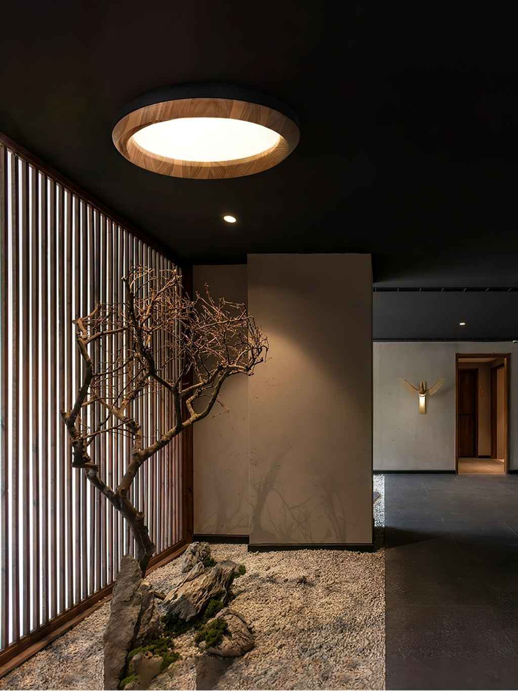 Ripple Wood Integrated LED Ceiling Light / ∅ 23.6" x H 5.1" / White & Wood color / Warm Light