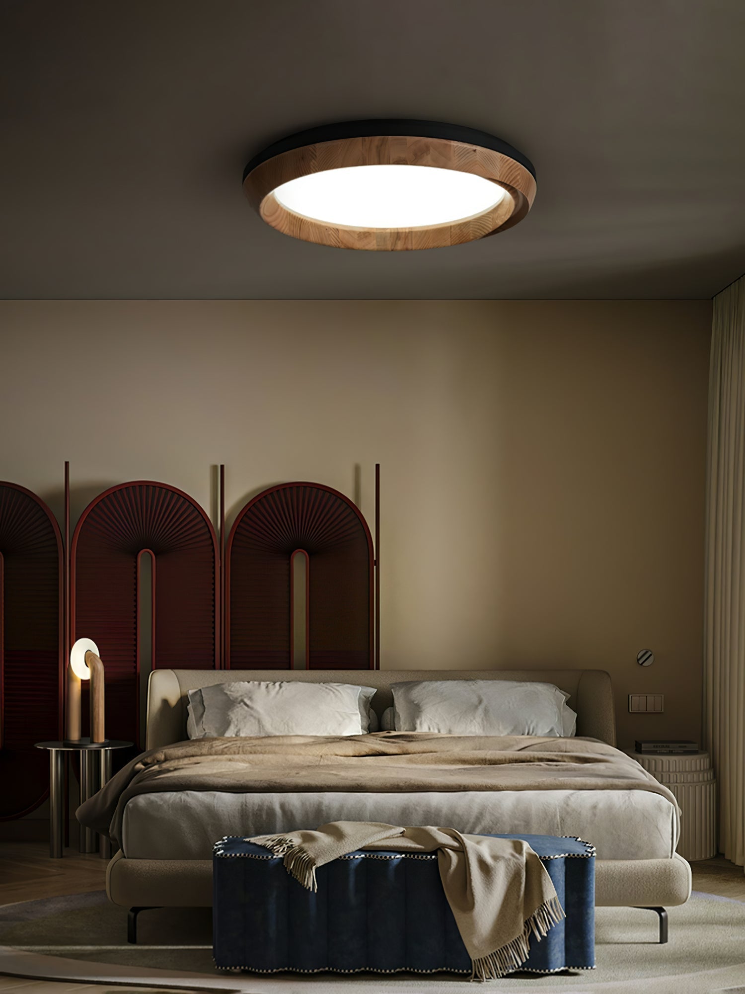 Ripple Wood Integrated LED Ceiling Light / ∅ 23.6" x H 5.1" / Gold & Walnut Color / Warm Light