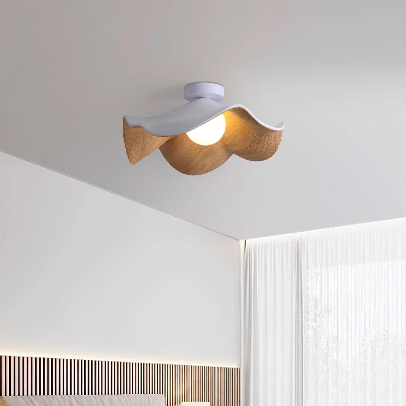 Sculpted Lotus Leaf Flush Ceiling Light / ∅ 15.7″ x H 6.3″ / Dia 40cm x H 16cm / White & Wood color