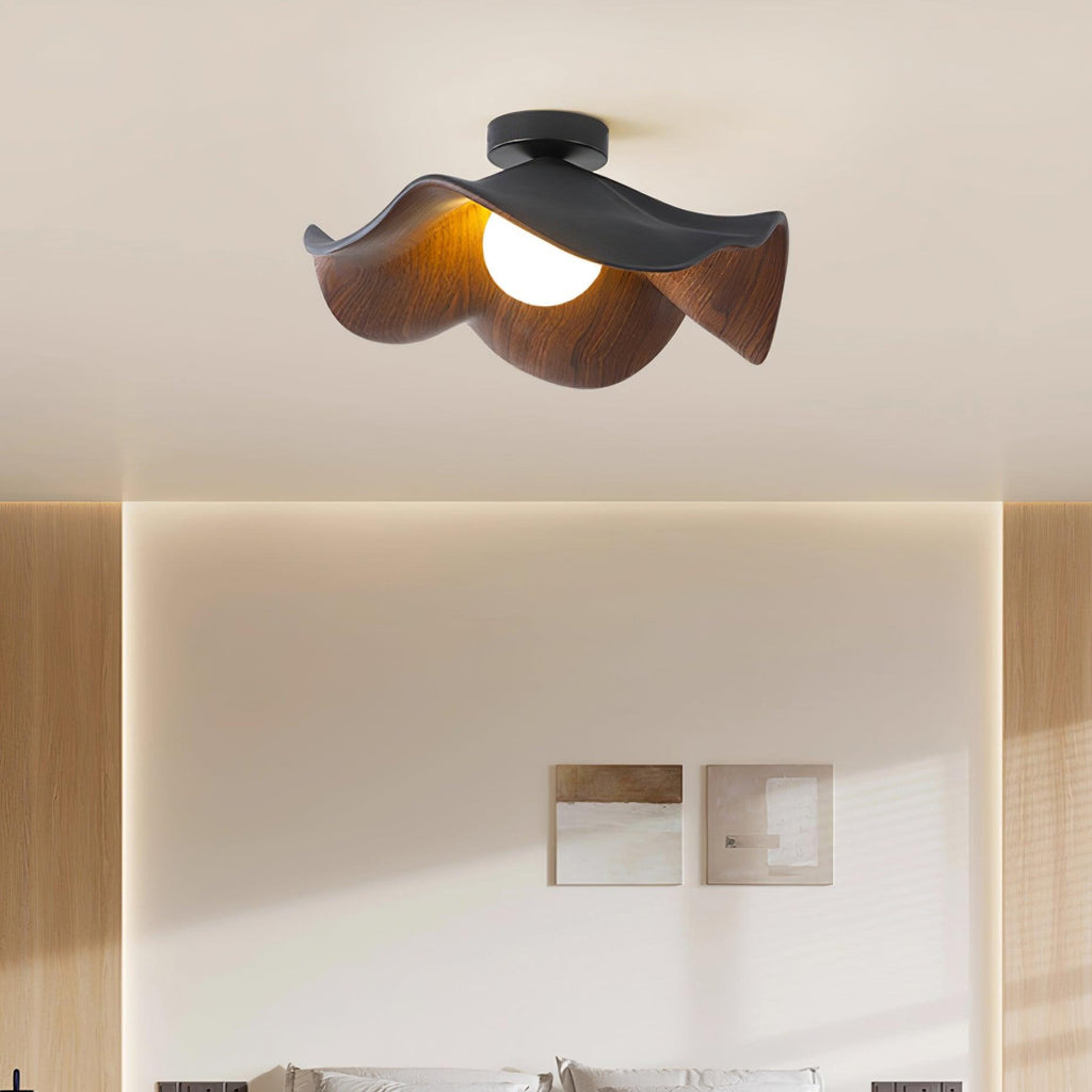 Sculpted Lotus Leaf Flush Ceiling Light / ∅ 15.7″ x H 6.3″ / Dia 40cm x H 16cm / Black & Walnut color