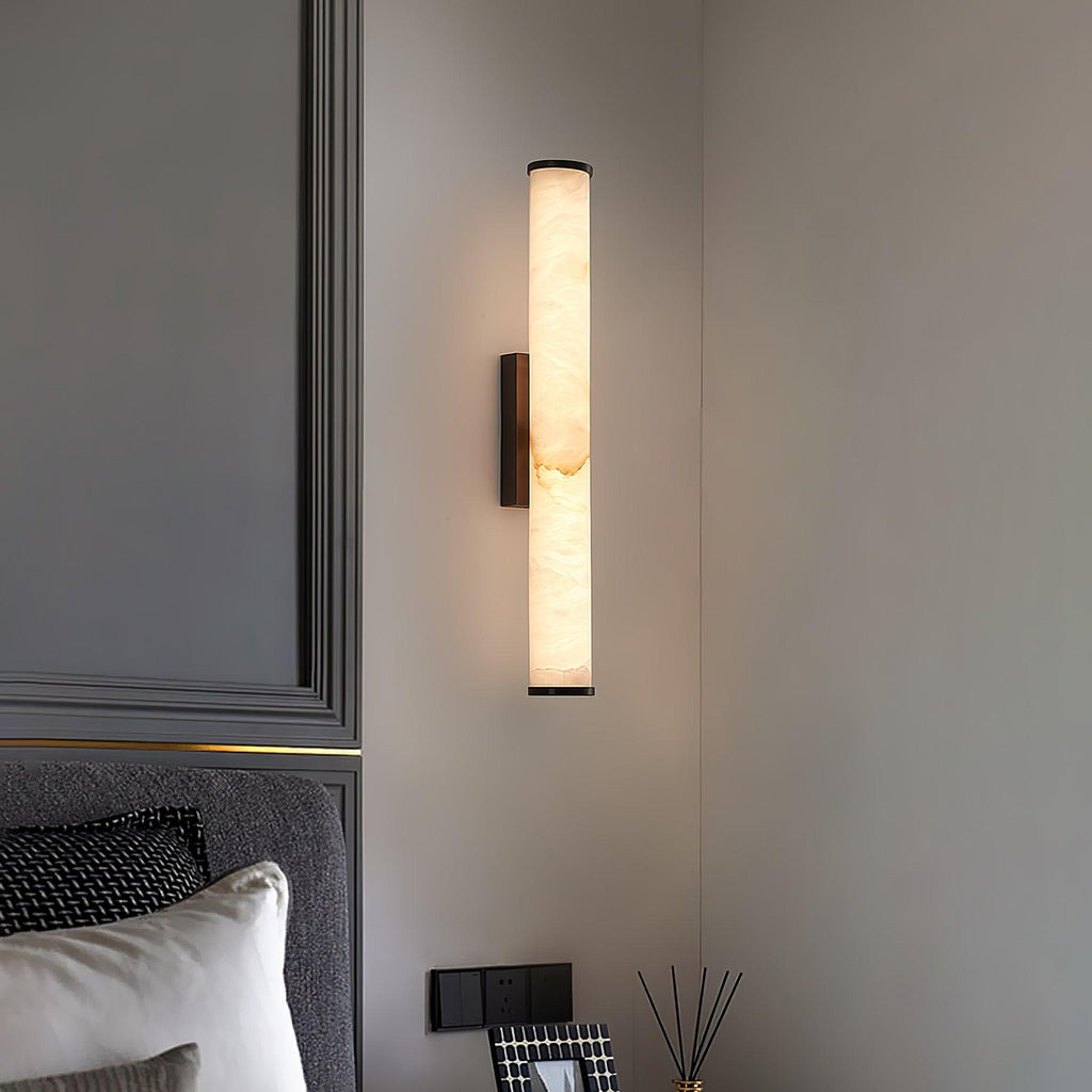Slim Alabaster Column LED Wall Light / Brass & White ∅ 3.1″ x H 19.7″ / Warm Light