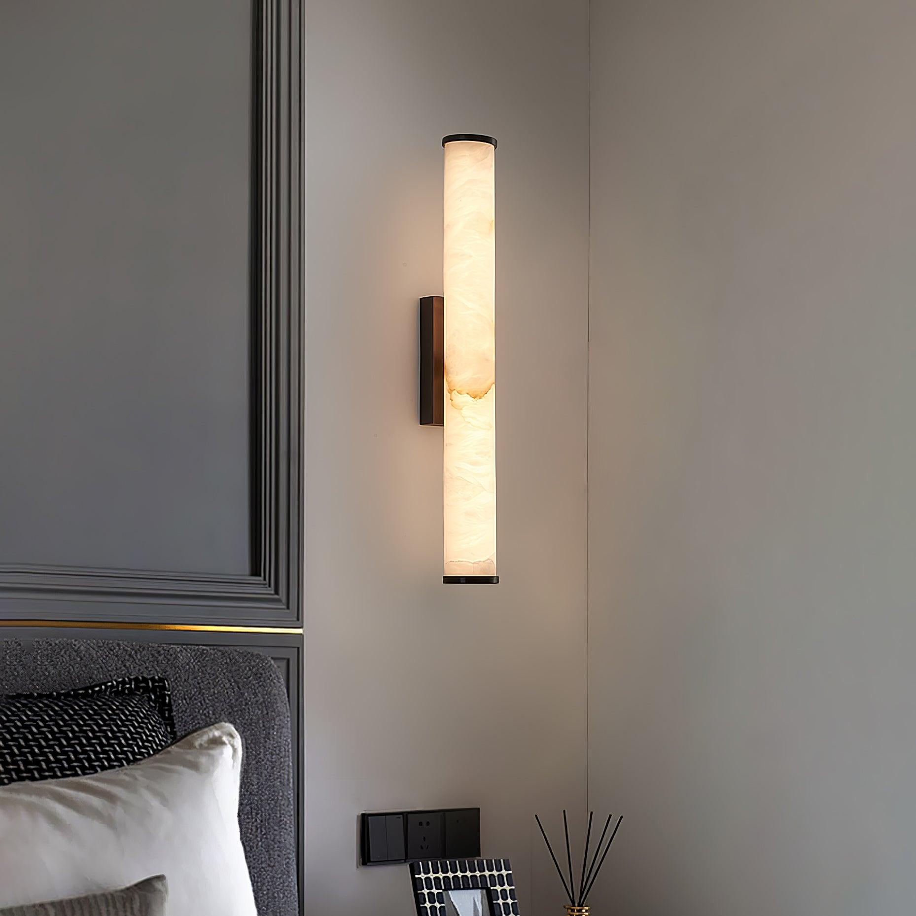 Slim Alabaster Column LED Wall Light / Brass & White ∅ 3.1″ x H 19.7″ / Warm Light