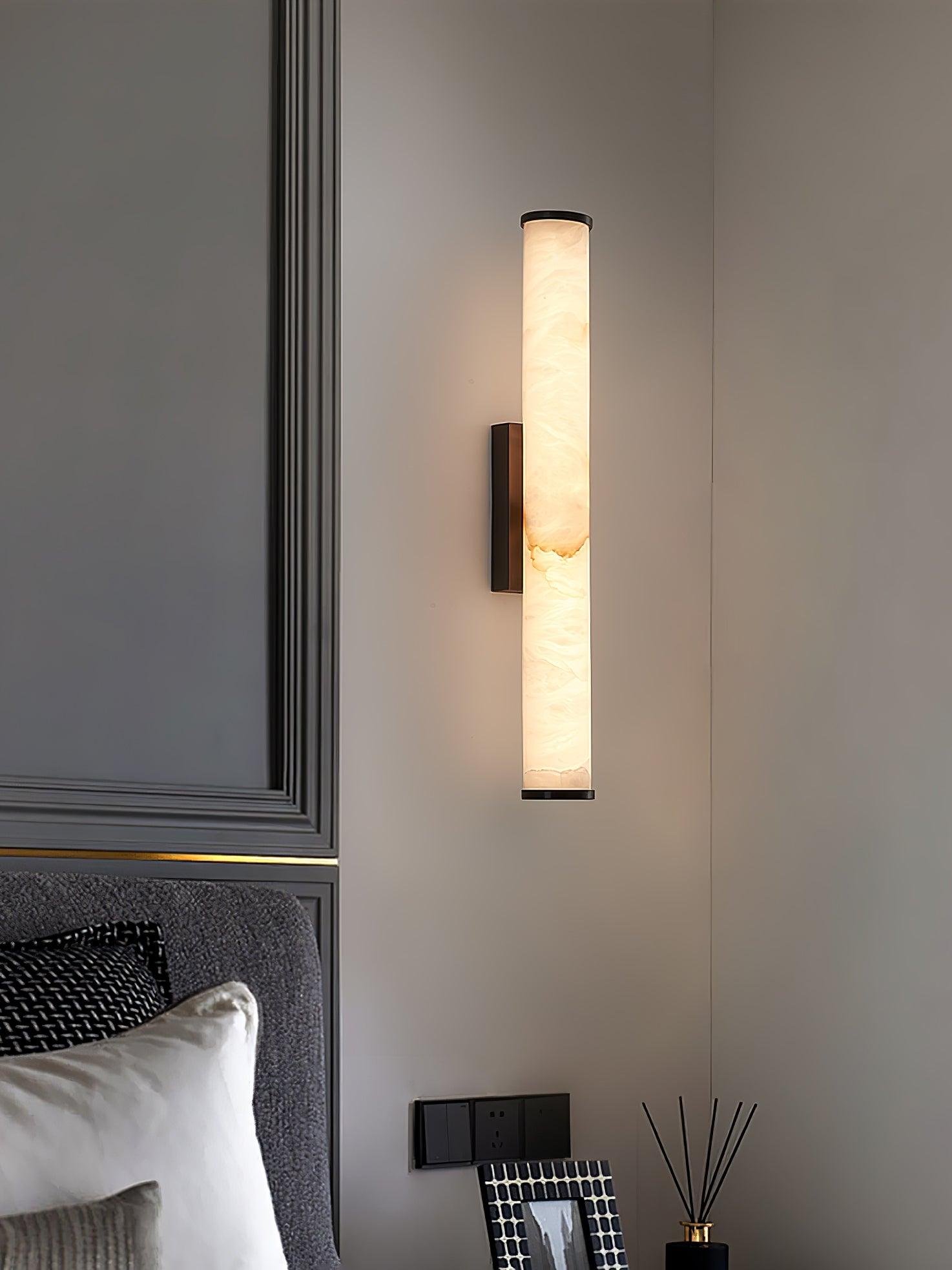 Slim Alabaster Column LED Wall Light / Black & White ∅ 2.4″ x H 22.6″ Set of 2 / Warm Light