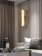 Slim Alabaster Column LED Wall Light / Brass & White ∅ 3.1″ x H 19.7″ Set of 2 / Warm Light