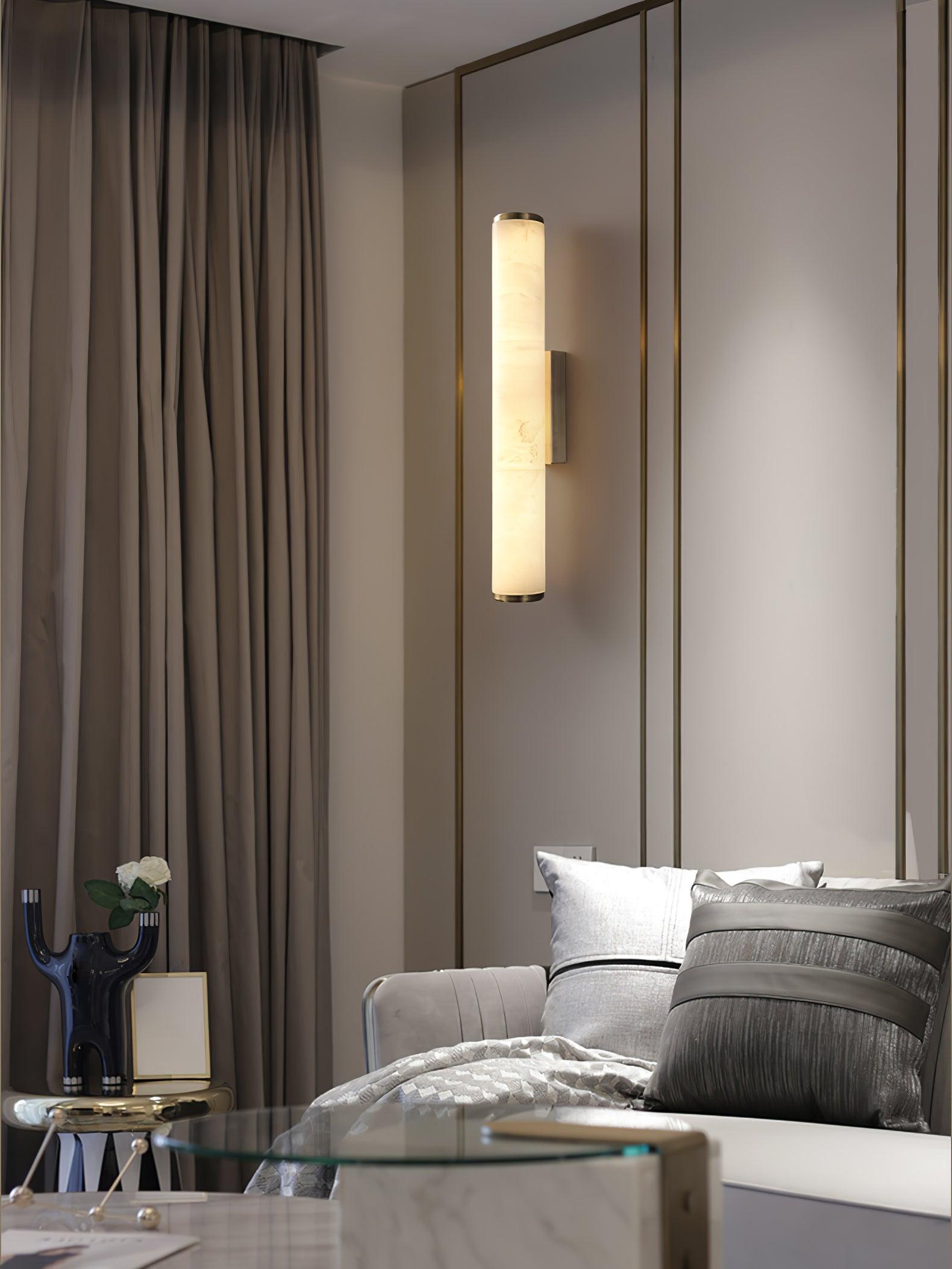 Slim Alabaster Column LED Wall Light / Brass & White ∅ 3.1″ x H 19.7″ Set of 2 / Warm Light