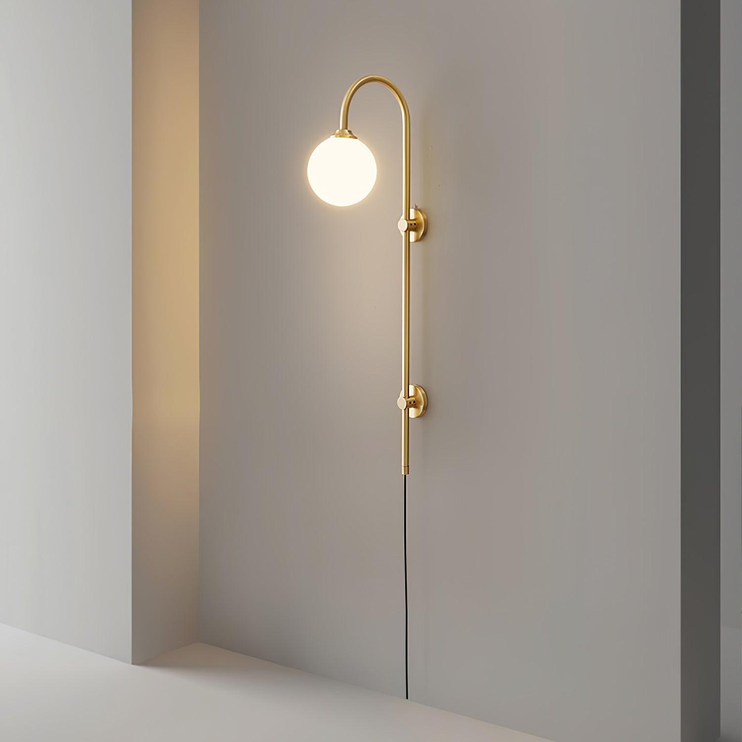 Tall Brass Globe Plug-In Wall Light / ∅ 4.7″ x H 23.6″ / Dia 12cm x H 60cm / Gold & White / UK Plug