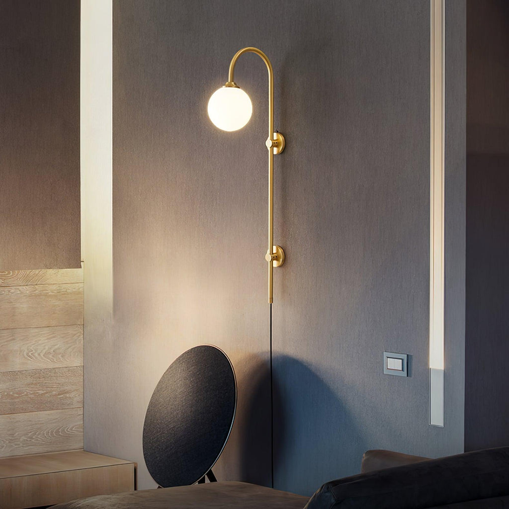 Tall Brass Globe Plug-In Wall Light / ∅ 4.7″ x H 23.6″ / Dia 12cm x H 60cm / Gold & White / EU Plug