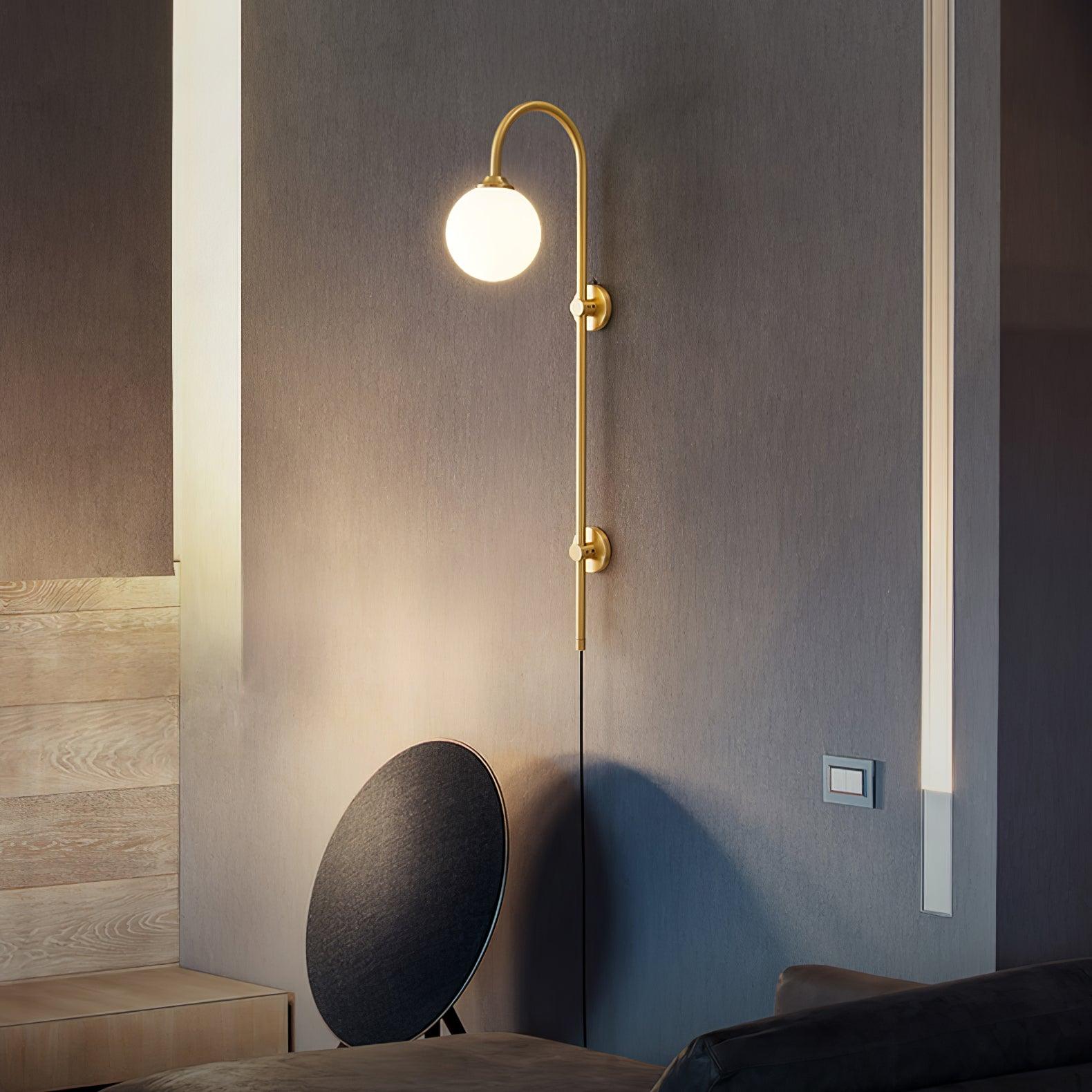 Tall Brass Globe Plug-In Wall Light / ∅ 4.7″ x H 23.6″ / Dia 12cm x H 60cm / Gold & White / EU Plug