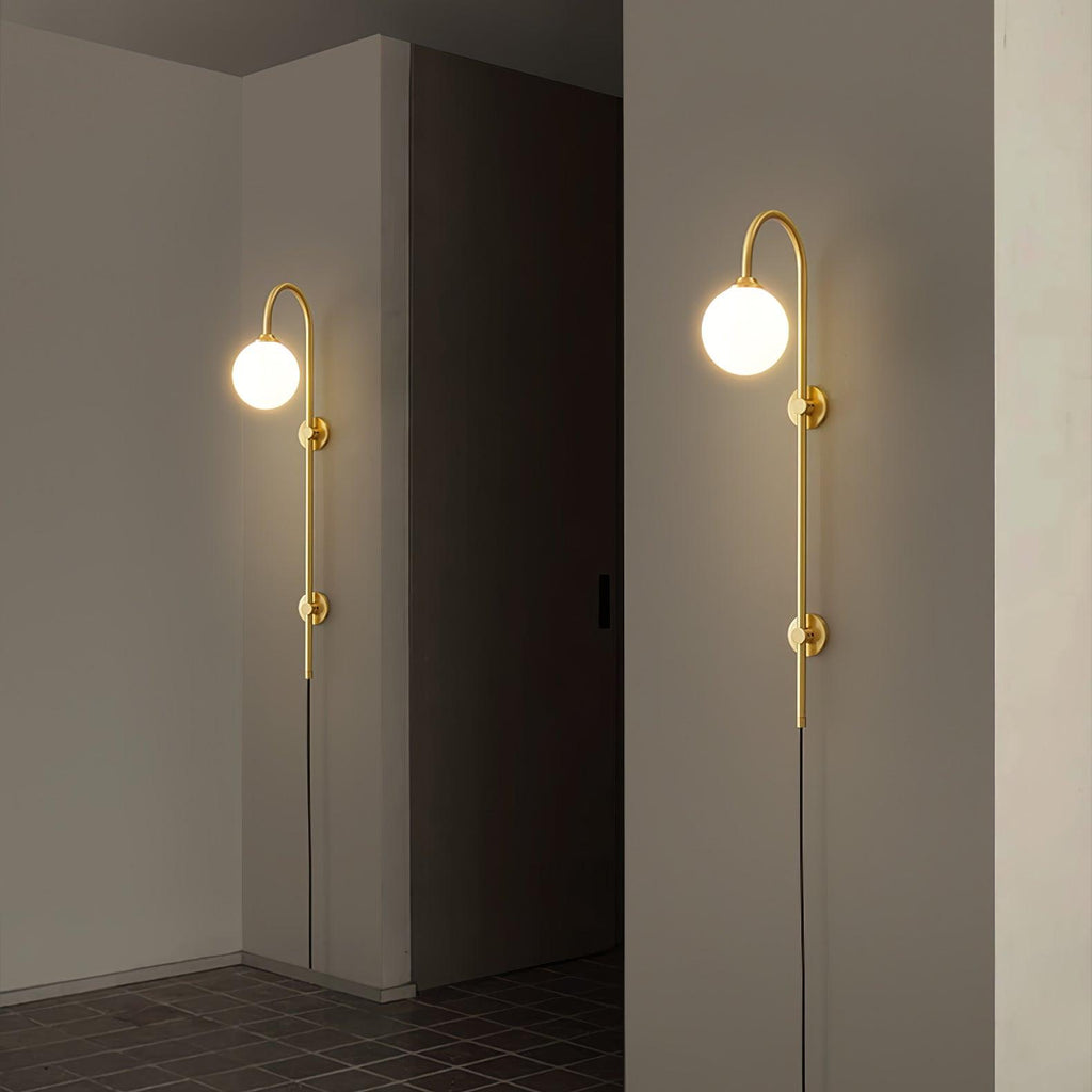 Tall Brass Globe Plug-In Wall Light / ∅ 4.7″ x H 23.6″ / Dia 12cm x H 60cm / Gold & White / AU Plug