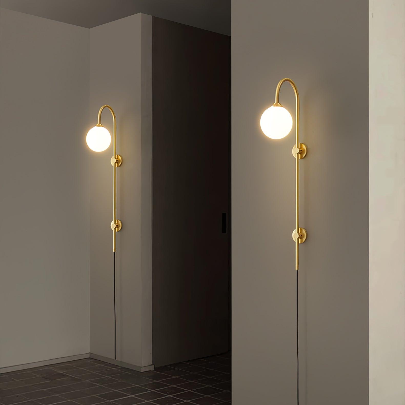 Tall Brass Globe Plug-In Wall Light / ∅ 4.7″ x H 23.6″ / Dia 12cm x H 60cm / Gold & White / AU Plug