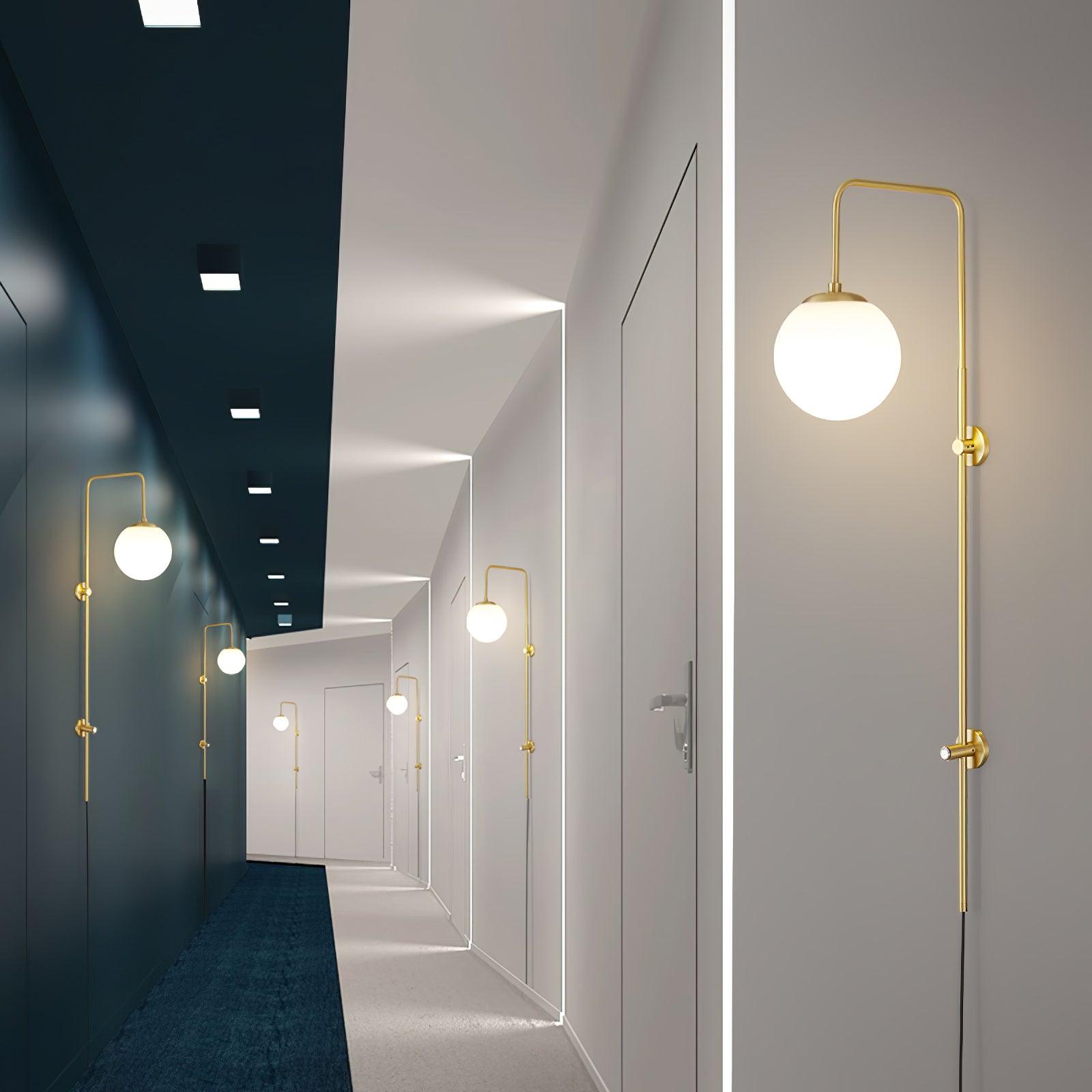 Tall Brass Globe Plug-In Wall Light / ∅ 5.9″ x H 35.4″ / Dia 15cm x H 90cm / Gold & White / US Plug