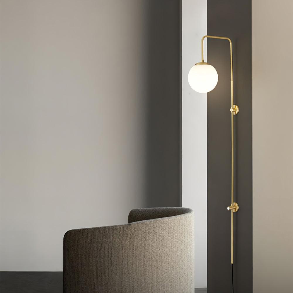 Tall Brass Globe Plug-In Wall Light / ∅ 5.9″ x H 35.4″ / Dia 15cm x H 90cm / Gold & White / UK Plug