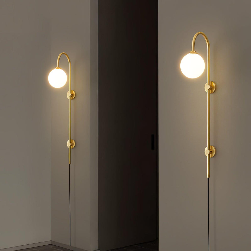 Tall Brass Globe Plug-In Wall Light / ∅ 5.9″ x H 35.4″ / Dia 15cm x H 90cm / Gold & White / AU Plug