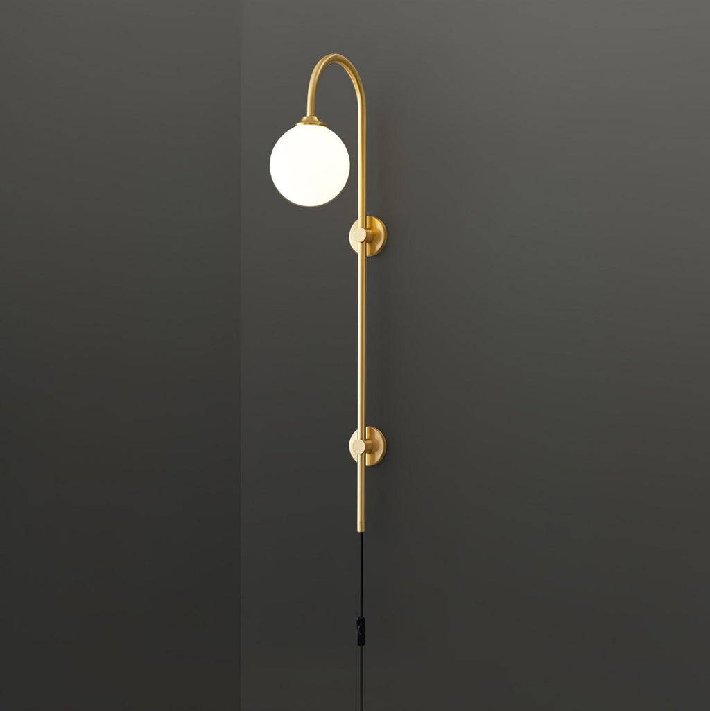 Tall Brass Globe Plug-In Wall Light / ∅ 5.9″ x H 47.2″ / Dia 15cm x H 120cm / Gold & White / UK Plug