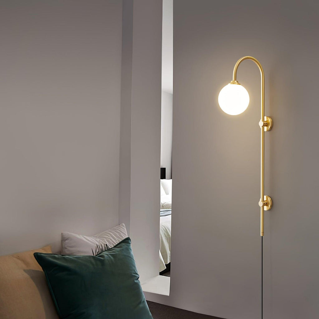 Tall Brass Globe Plug-In Wall Light / ∅ 5.9″ x H 63.9″ / Dia 15cm x H 160cm / Gold & White / UK Plug