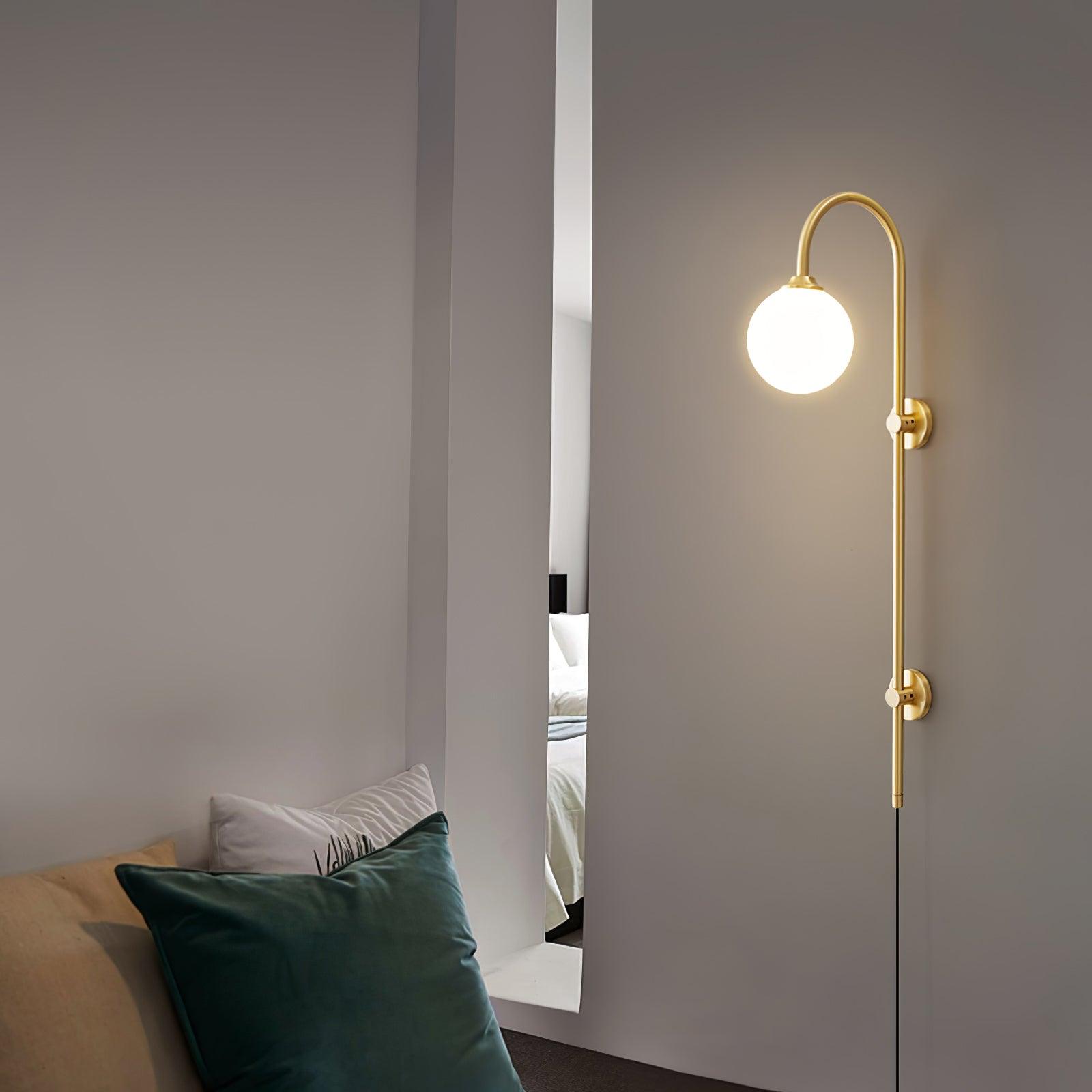 Tall Brass Globe Plug-In Wall Light / ∅ 5.9″ x H 63.9″ / Dia 15cm x H 160cm / Gold & White / UK Plug