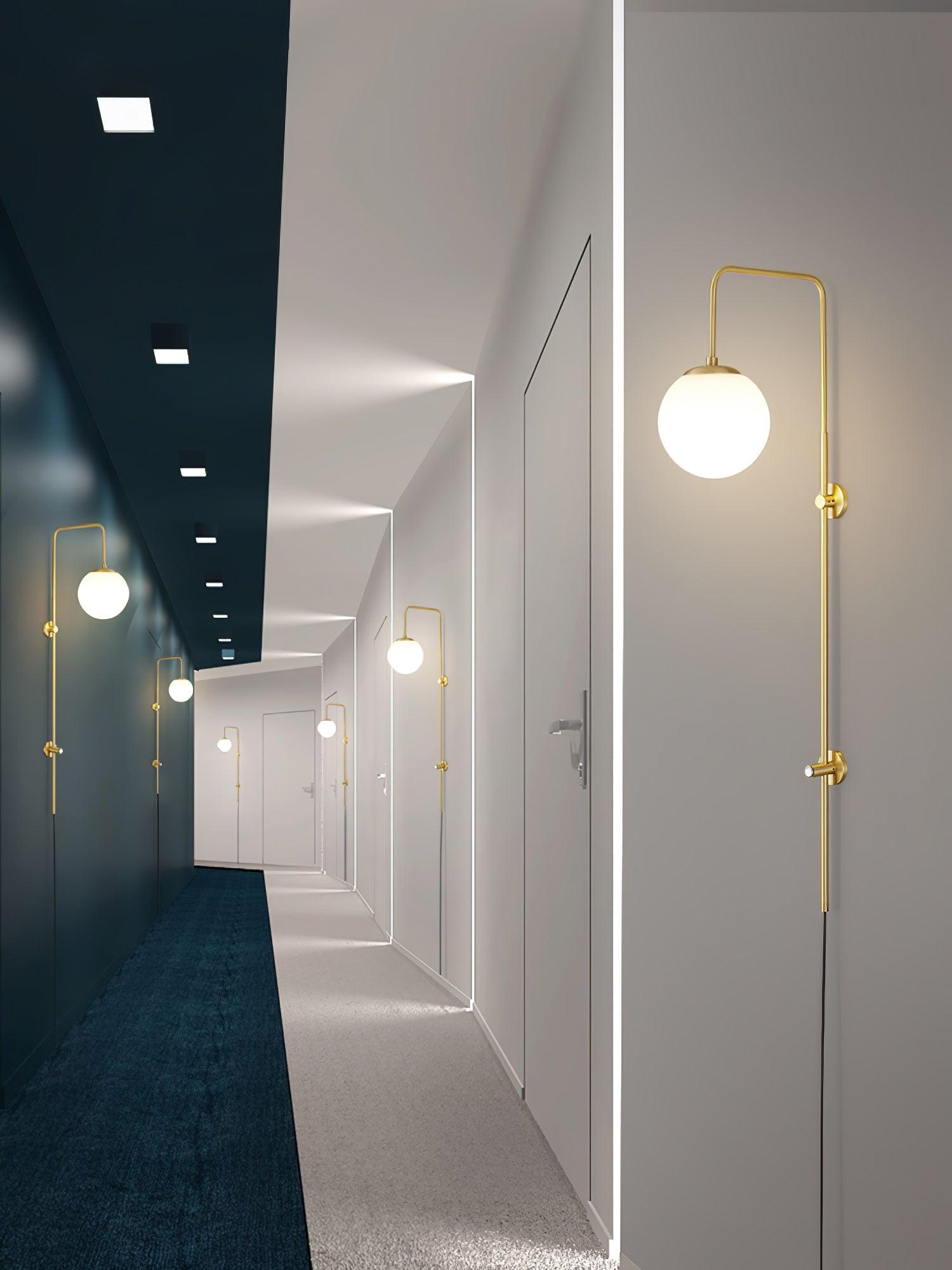 Tall Brass Globe Plug-In Wall Light / ∅ 4.7″ x H 23.6″ Set of 2 / Gold & White / UK Plug