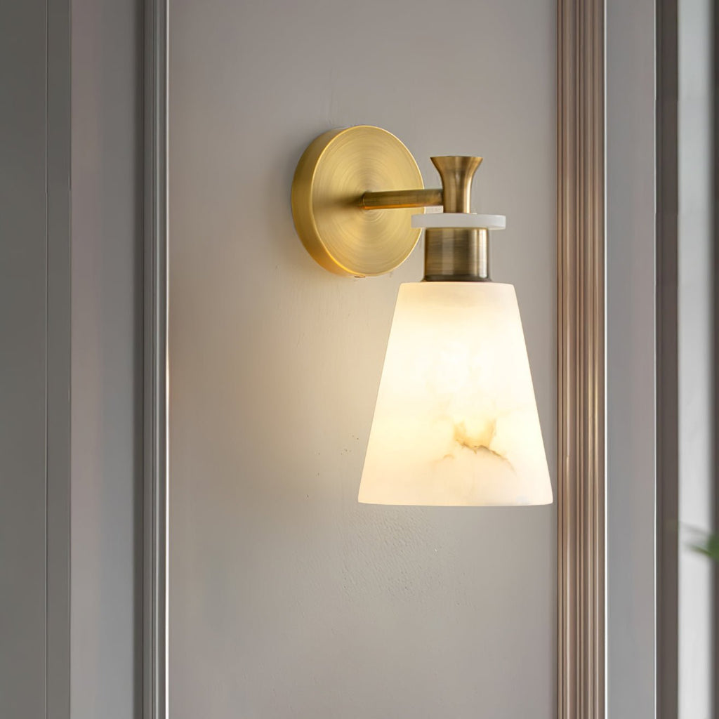Tapered Alabaster and Brass Wall Sconce / ∅ 4.7″ x H 9.8″ / Dia 12cm x H 25cm / Antique Copper / Set Of 2
