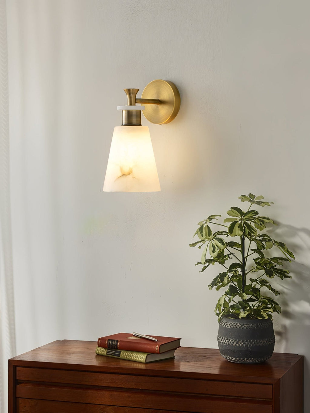 Tapered Alabaster and Brass Wall Sconce / ∅ 4.7″ x H 9.8″ / Dia 12cm x H 25cm / Copper / Set Of 2