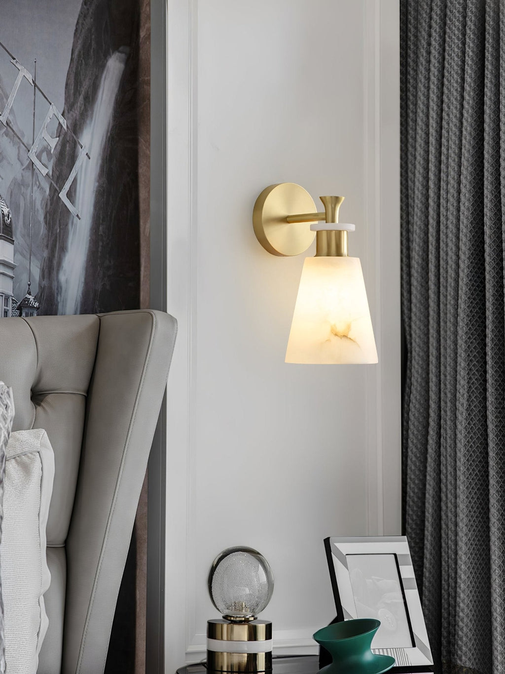 Tapered Alabaster and Brass Wall Sconce / ∅ 4.7″ x H 9.8″ / Dia 12cm x H 25cm / Black / Set Of 2